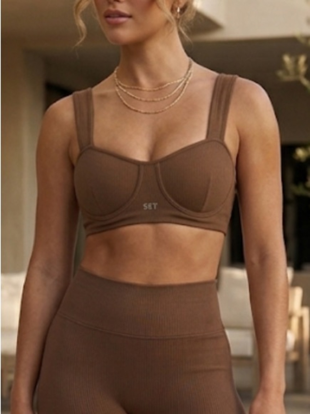 SET Active Contour Bra Structured Wireless Ribbed Sports Bra in Rust Brown Sz XS